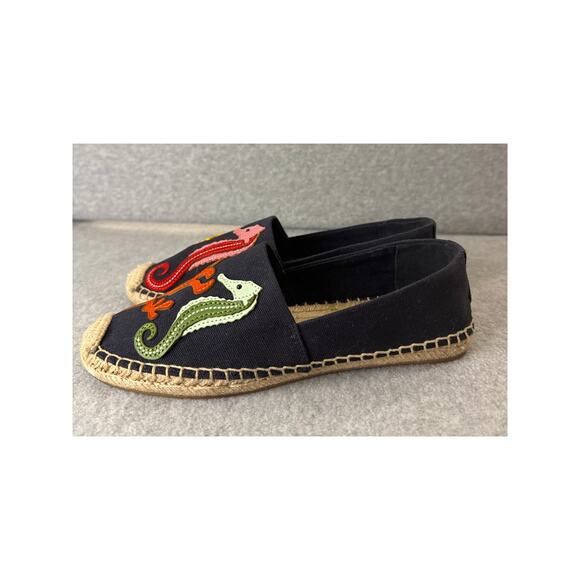 Tory Burch Seahorse Espadrilles Navy Canvas Jute Slip-On Flats Size 6.5 - Picture 4 of 7